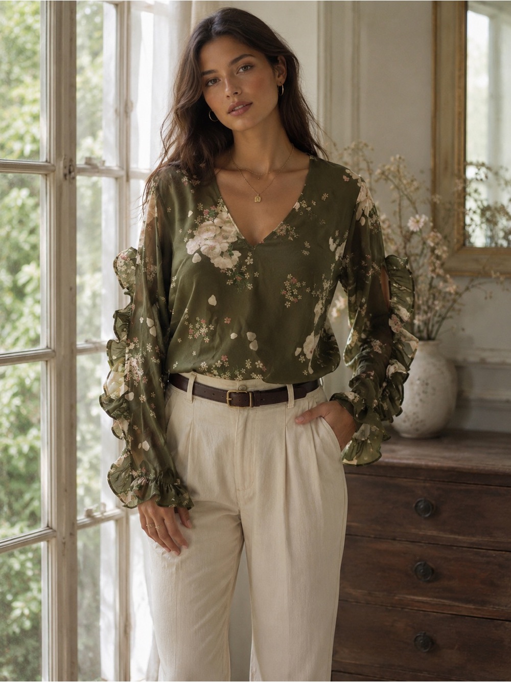 Floral Ruffle Sleeve Blouse S Miss Sixty